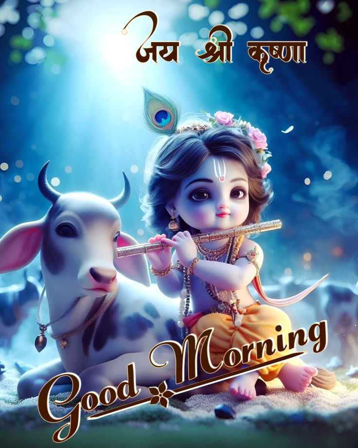 Krishna with cow good morning image