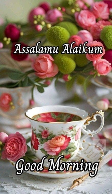 cup of tea with a beautiful flower islamic morning message